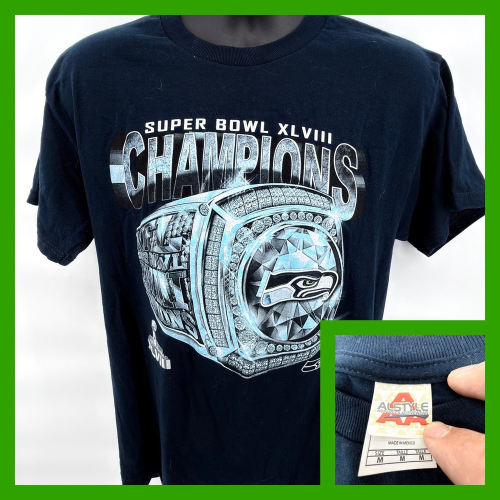 Alstyle Seattle‎ Seahawks T-Shirt Mens M Navy Super Bowl XLVIII Champions Ring
